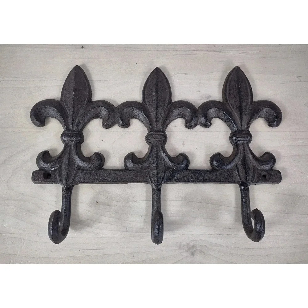 Fleur De Lis Scroll Triple Wall Hook Coat Rack Key Towel Brown Cast Iron